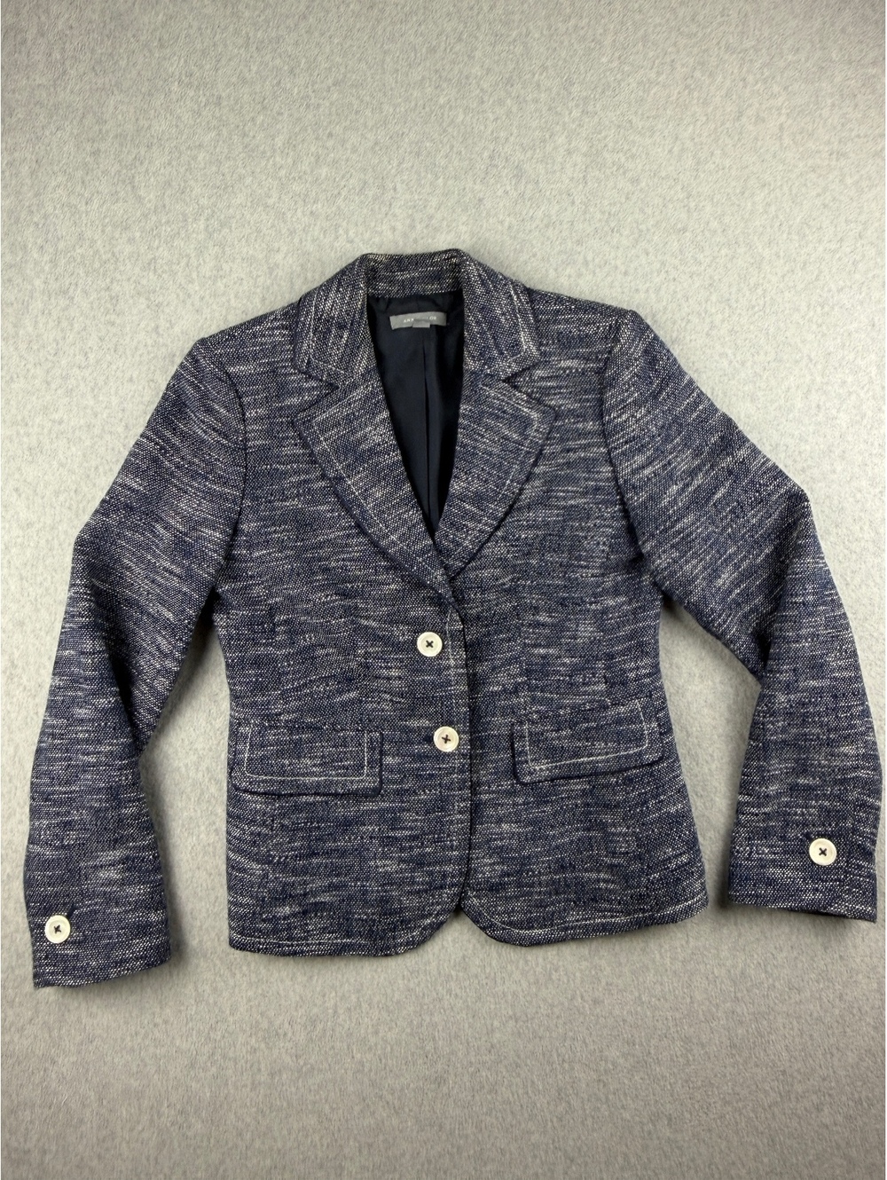 Ann Taylor Womens 4 Navy Ivory Tweed Blazer Textured Cottonl Blend Jacket